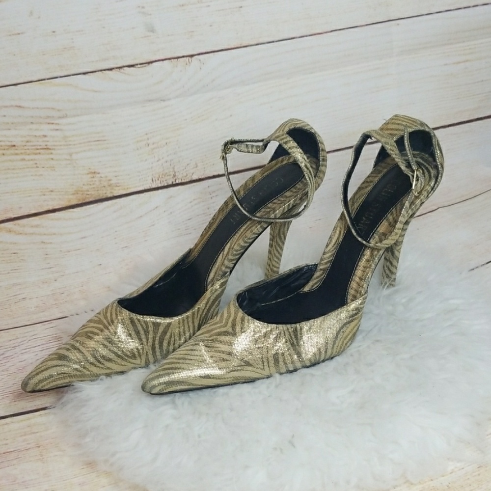 Colin Stuart ankle strap point toe gold zebra shoe